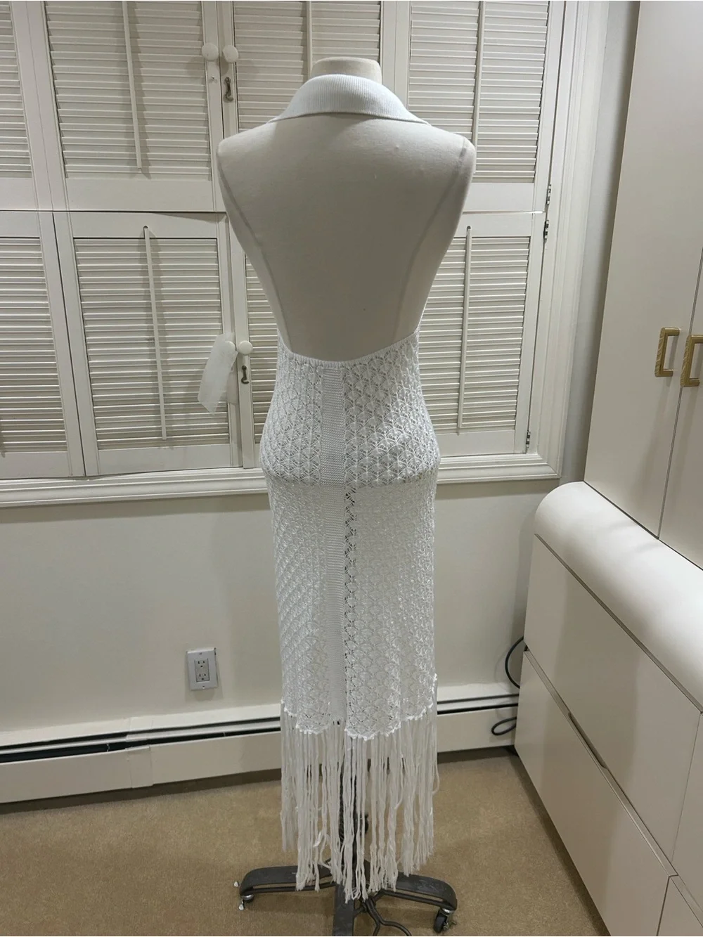 New White Crochet Fringe Maxi Dress Cover up with Collared V-Neck